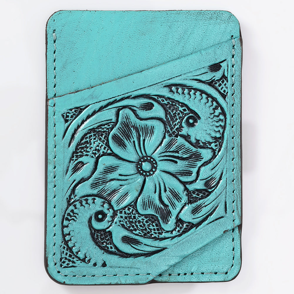 ADCCG108 Hand-Tooled Leather Card Holder - Western Floral Slim Vertical Wallet