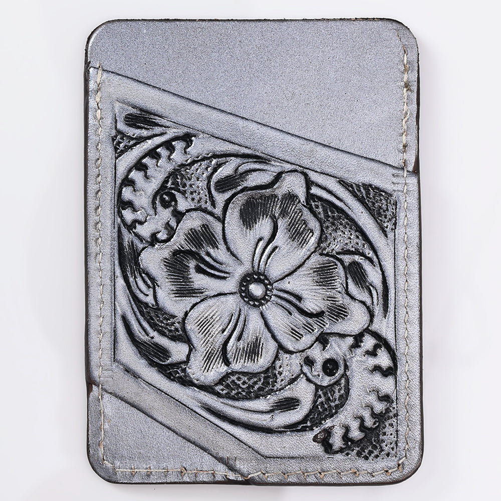ADCCG108 Hand-Tooled Leather Card Holder - Western Floral Slim Vertical Wallet