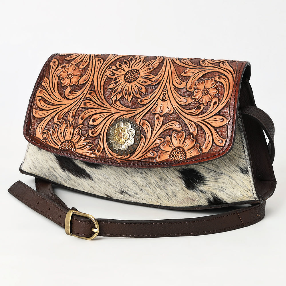 ADBGA569 Hand-Tooled Leather & Cowhide Crossbody Bag Western Floral Concho Accent