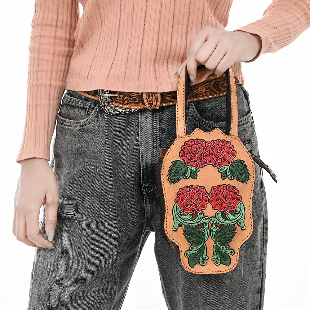 ADBGA570 Hand-Tooled Rose Skull Leather Tote Western Floral Art Bag