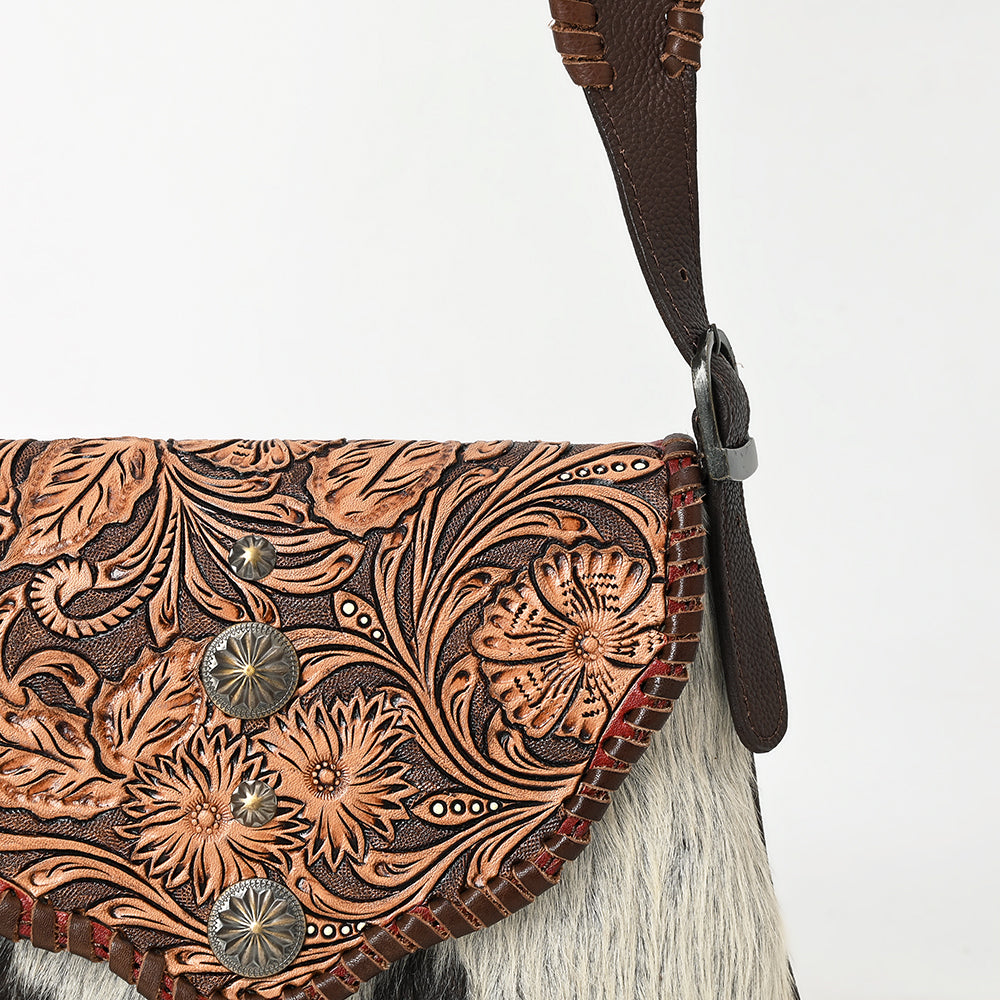 ADBGA571 Hand-Tooled Leather & Cowhide Crossbody Bag Western Floral Saddle Flap