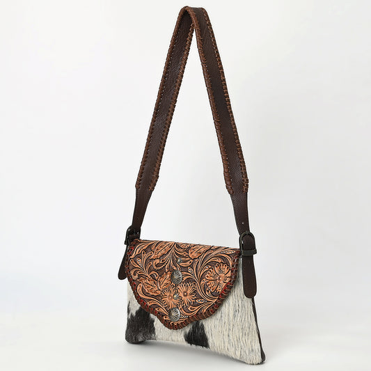 ADBGA571 Hand-Tooled Leather & Cowhide Crossbody Bag Western Floral Saddle Flap