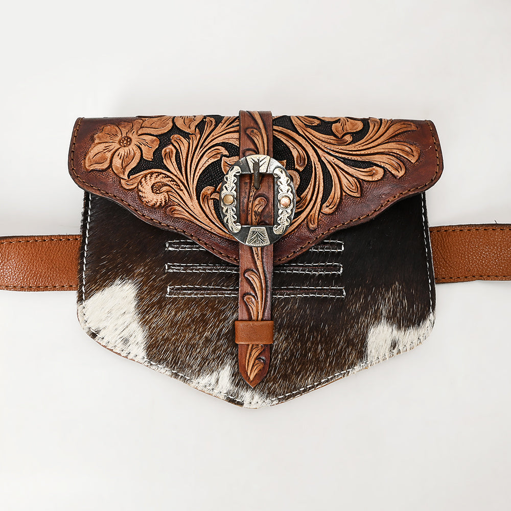 ADBGA572 Tooled Leather & Cowhide Belt Bag Western Waist Bag with Buckle Detail