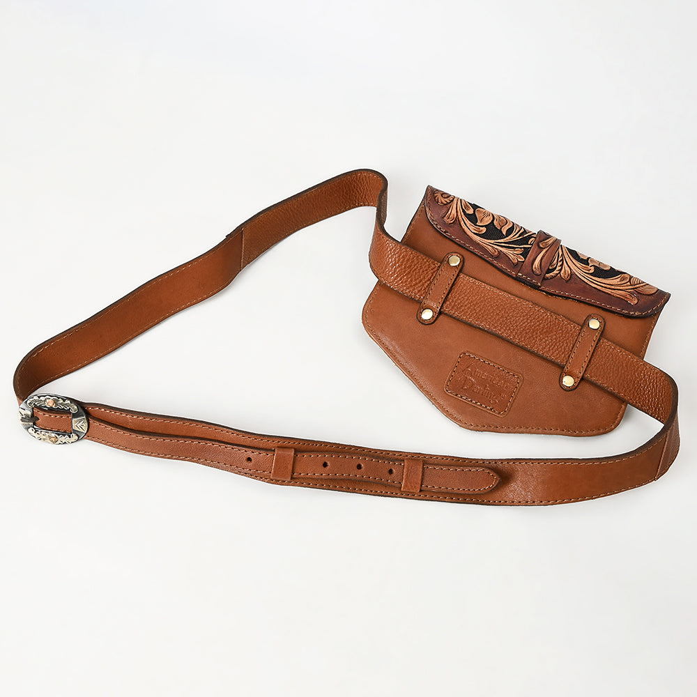 ADBGA572 Tooled Leather & Cowhide Belt Bag Western Waist Bag with Buckle Detail