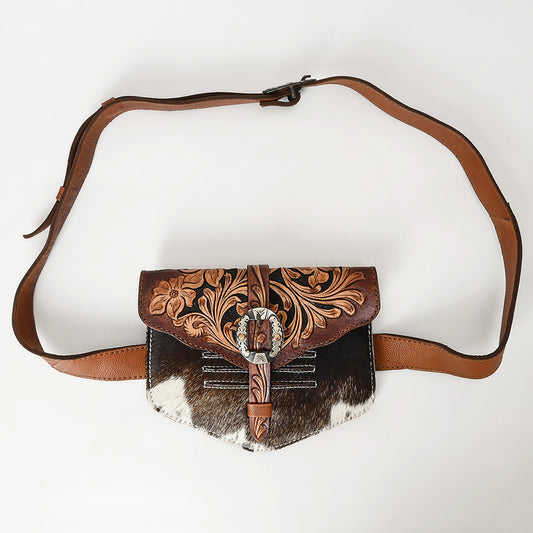 ADBGA572 Tooled Leather & Cowhide Belt Bag Western Waist Bag with Buckle Detail