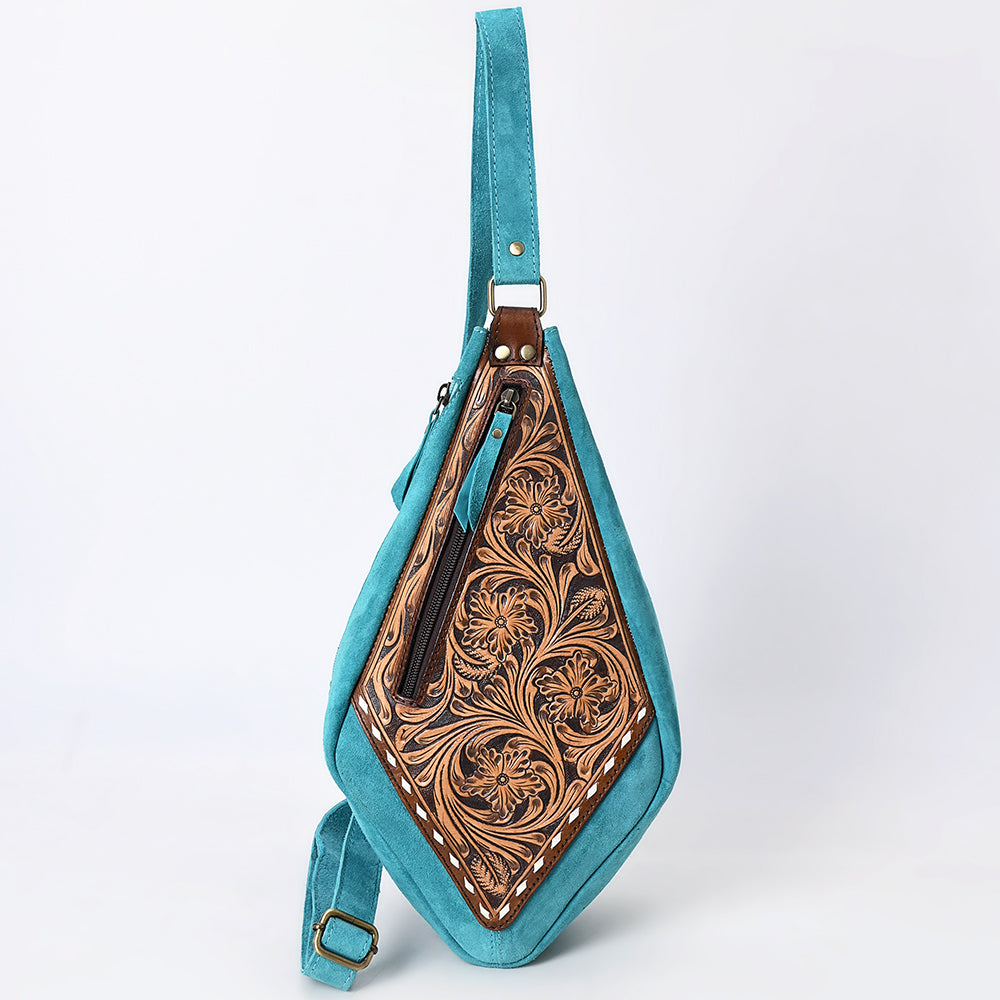 ADBGA578 Turquoise Genuine Leather Sling Bag Hand-Tooled Western Design