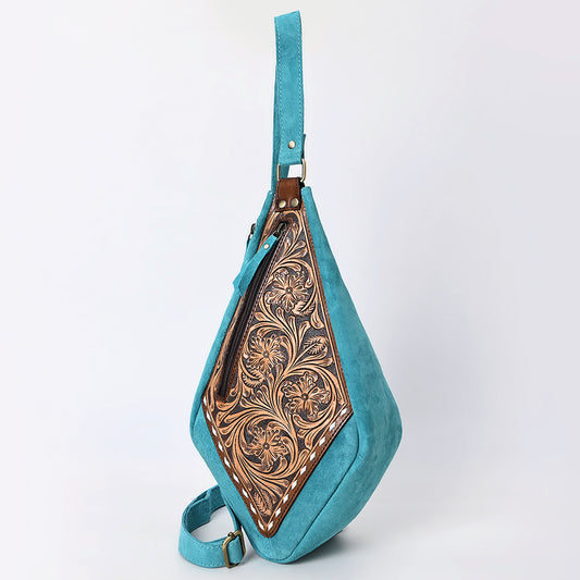 ADBGA578 Turquoise Genuine Leather Sling Bag Hand-Tooled Western Design
