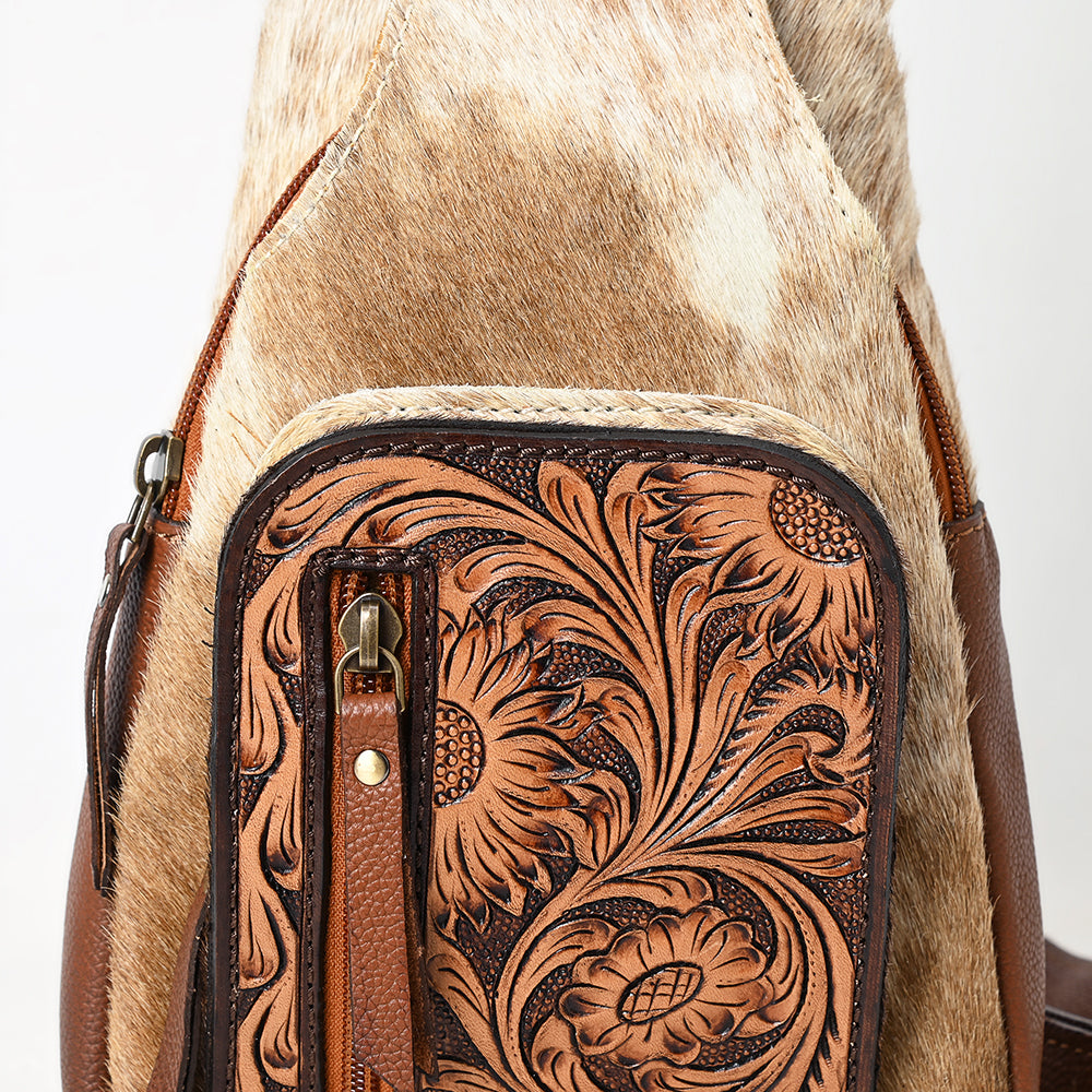 ADBGA580 Hand-Tooled Leather & Cowhide Sling Bag Western Crossbody Backpack