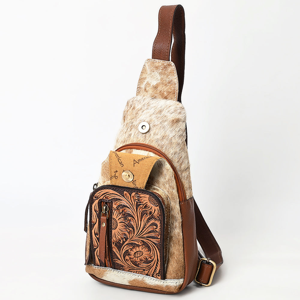 ADBGA580 American Darling Hand-Tooled Leather & Cowhide Sling Bag With Hand Tooled