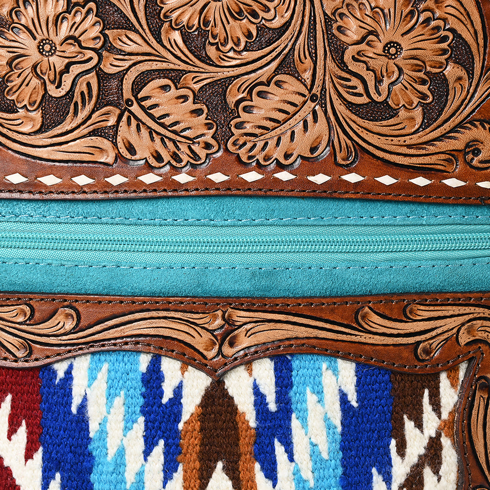 ADBGA581 Hand-Tooled Leather & Wool Backpack Genuine Western Turquoise Bag for Women