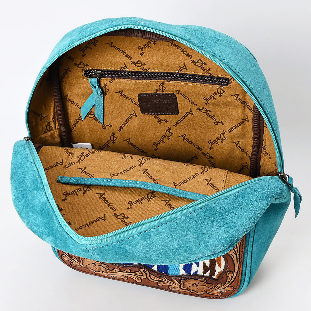 ADBGA581 Hand-Tooled Leather & Wool Backpack Genuine Western Turquoise Bag for Women