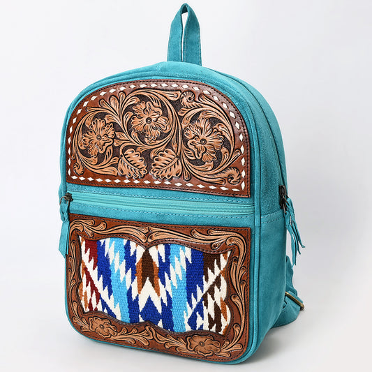 ADBGA581 Hand-Tooled Leather & Wool Backpack Genuine Western Turquoise Bag for Women