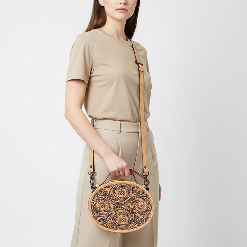 ADBGZ865 Round Tooled Leather Canteen Bag Floral Engraved Western Circle Purse | American Darling