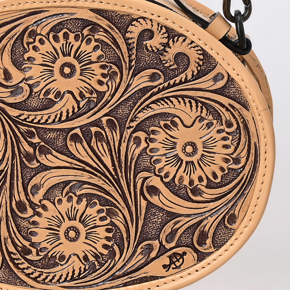 ADBGZ865 Round Tooled Leather Canteen Bag Floral Engraved Western Circle Purse | American Darling