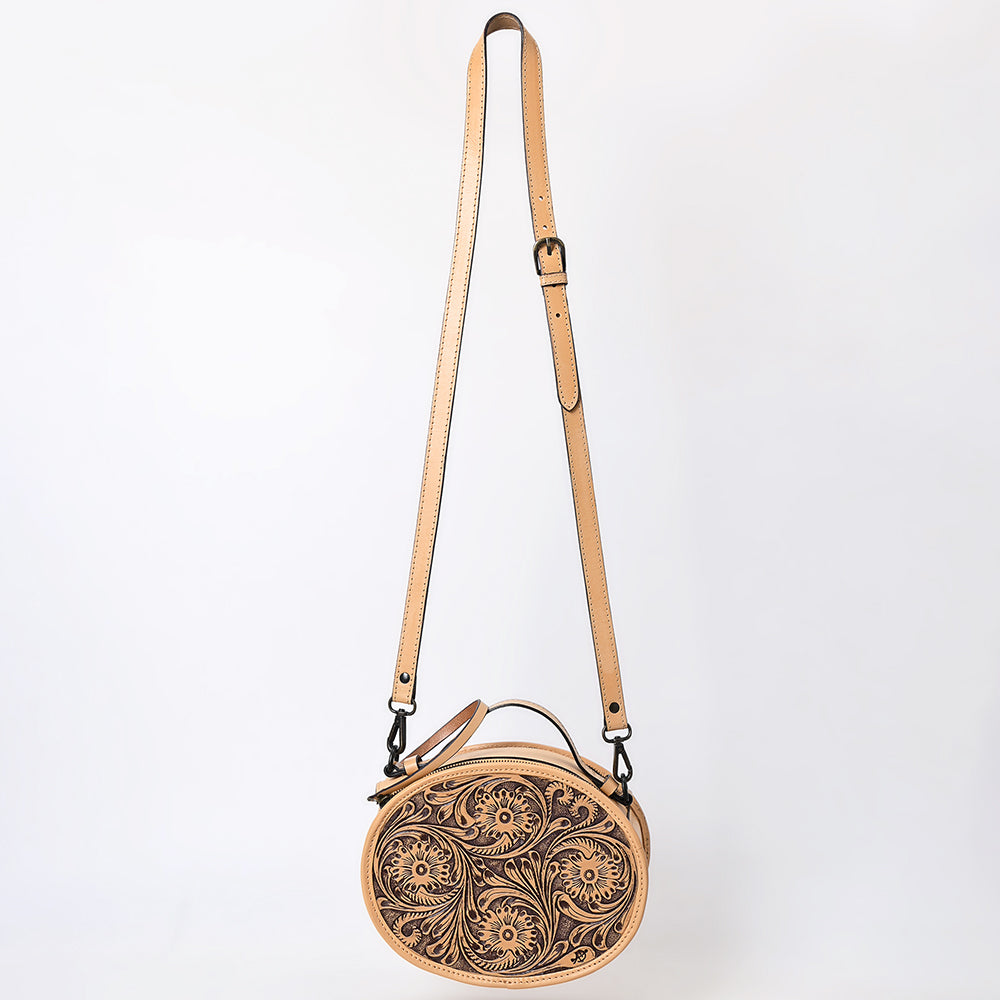 ADBGZ865 Round Tooled Leather Canteen Bag Floral Engraved Western Circle Purse | American Darling