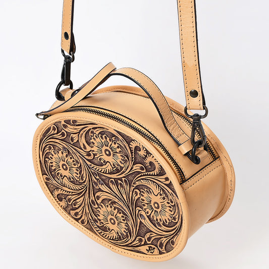 ADBGZ865 Round Tooled Leather Canteen Bag Floral Engraved Western Circle Purse | American Darling