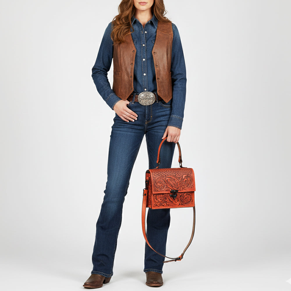 ADBGZ866 Orange Tooled Leather Tote Handbag Floral Western Satchel with Crossbody Strap | American Darling