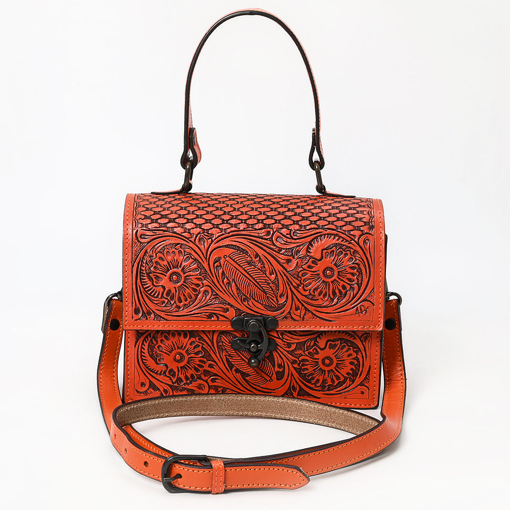 ADBGZ866 Orange Tooled Leather Tote Handbag Floral Western Satchel with Crossbody Strap | American Darling