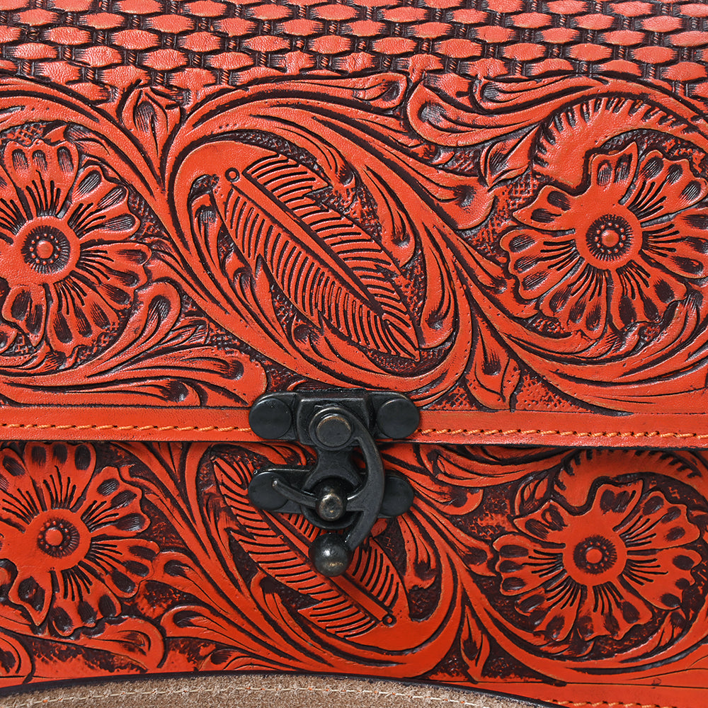 ADBGZ866 Orange Tooled Leather Tote Handbag Floral Western Satchel with Crossbody Strap | American Darling