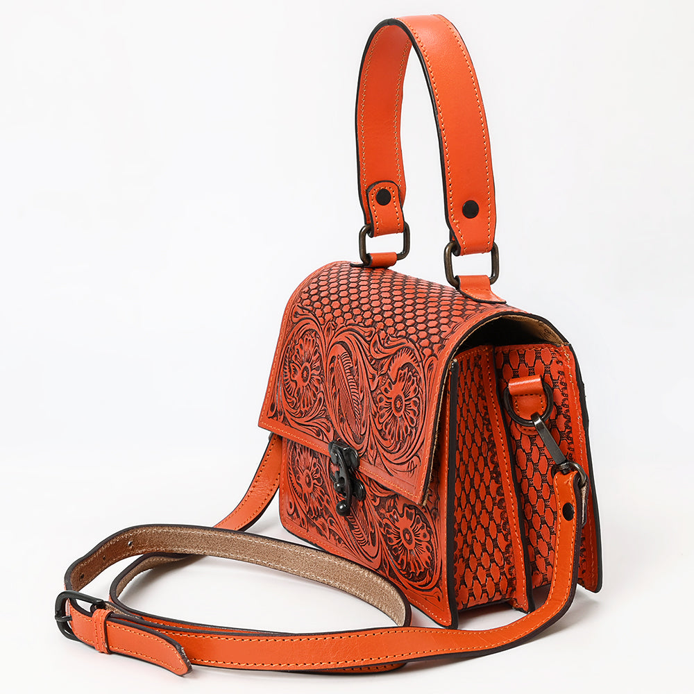 ADBGZ866 Orange Tooled Leather Tote Handbag Floral Western Satchel with Crossbody Strap | American Darling
