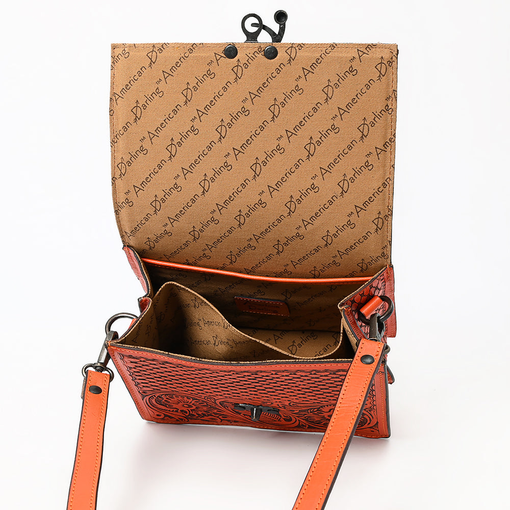 ADBGZ866 Orange Tooled Leather Tote Handbag Floral Western Satchel with Crossbody Strap | American Darling