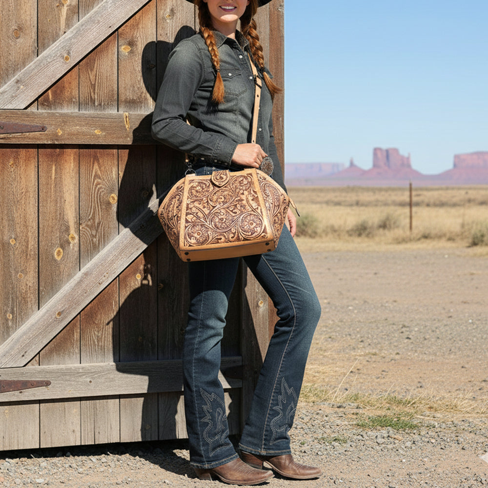 ADBGZ868 Hand-Tooled Tan Leather Structured Messenger Bag Western Floral Purse | American Darling