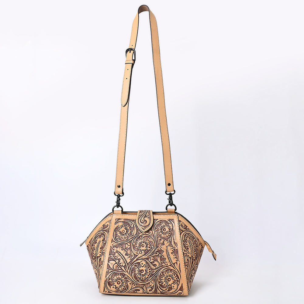 ADBGZ868 Hand-Tooled Tan Leather Structured Messenger Bag Western Floral Purse | American Darling