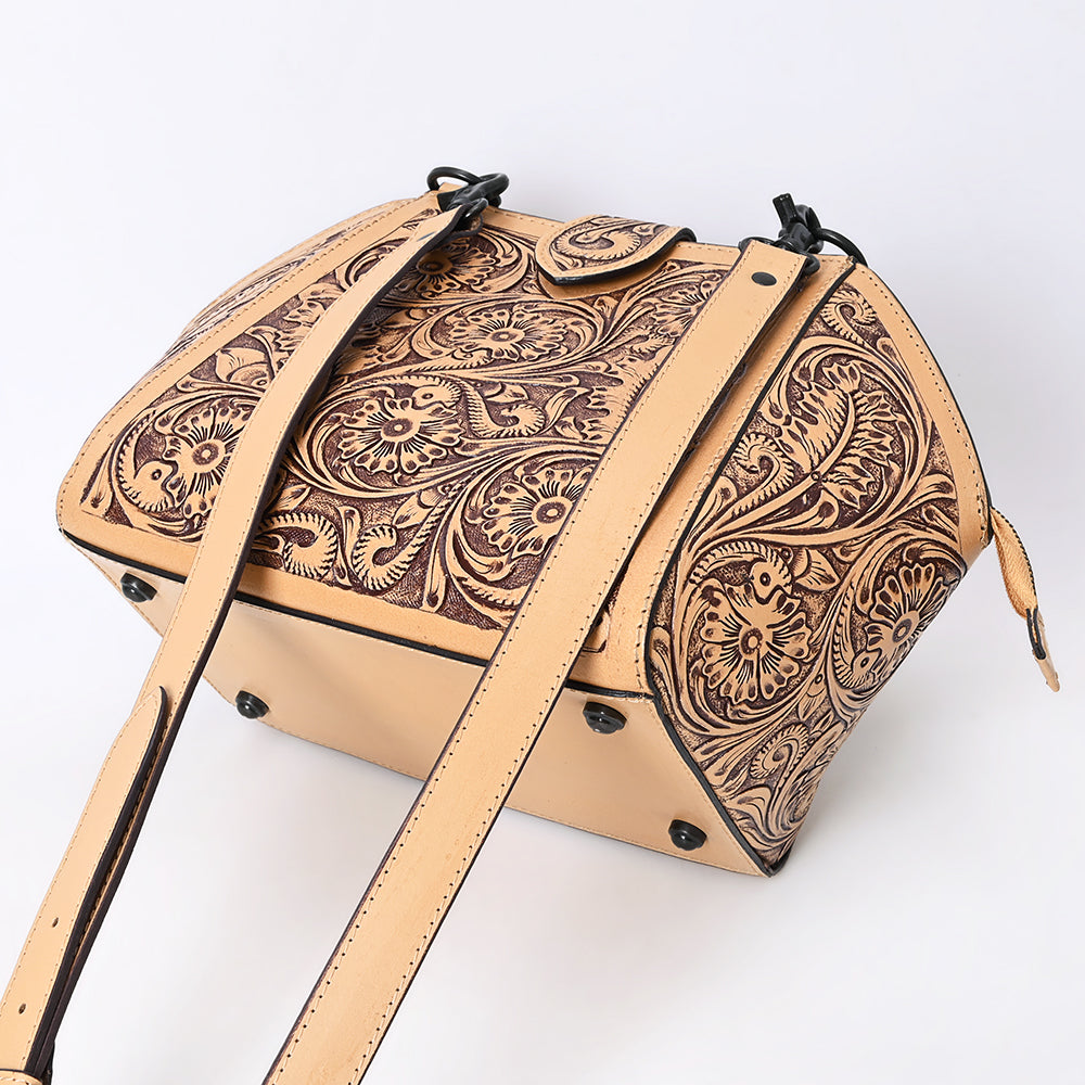 ADBGZ868 Hand-Tooled Tan Leather Structured Messenger Bag Western Floral Purse | American Darling