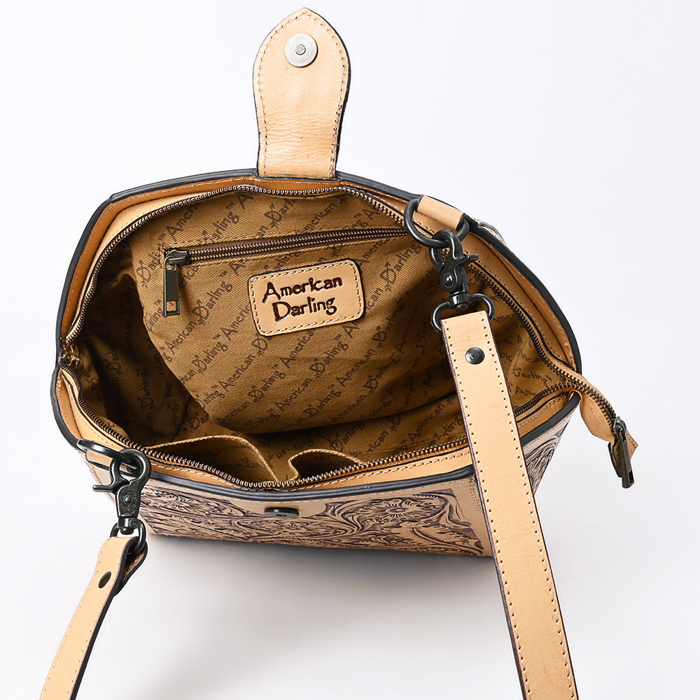 ADBGZ868 Hand-Tooled Tan Leather Structured Messenger Bag Western Floral Purse | American Darling
