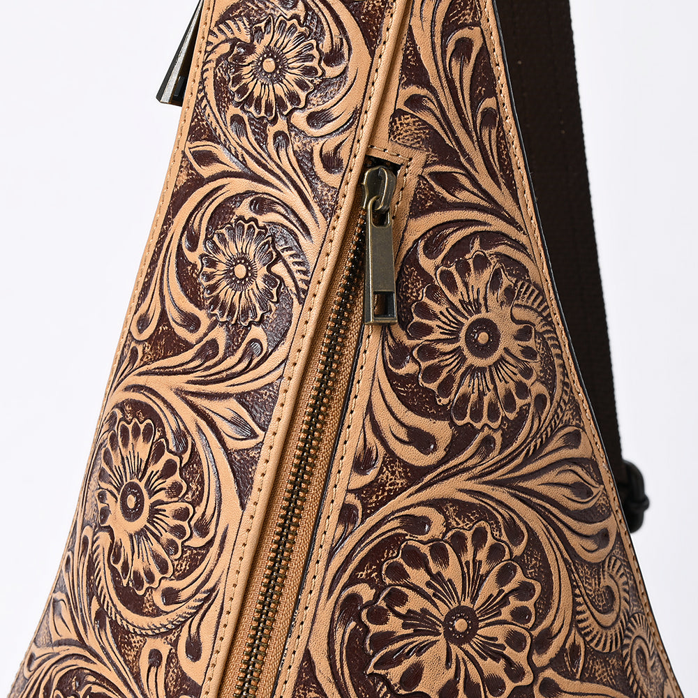 ADBGZ869 Tan Hand-Tooled Leather Sling Backpack Western Crossbody Daypack | American Darling