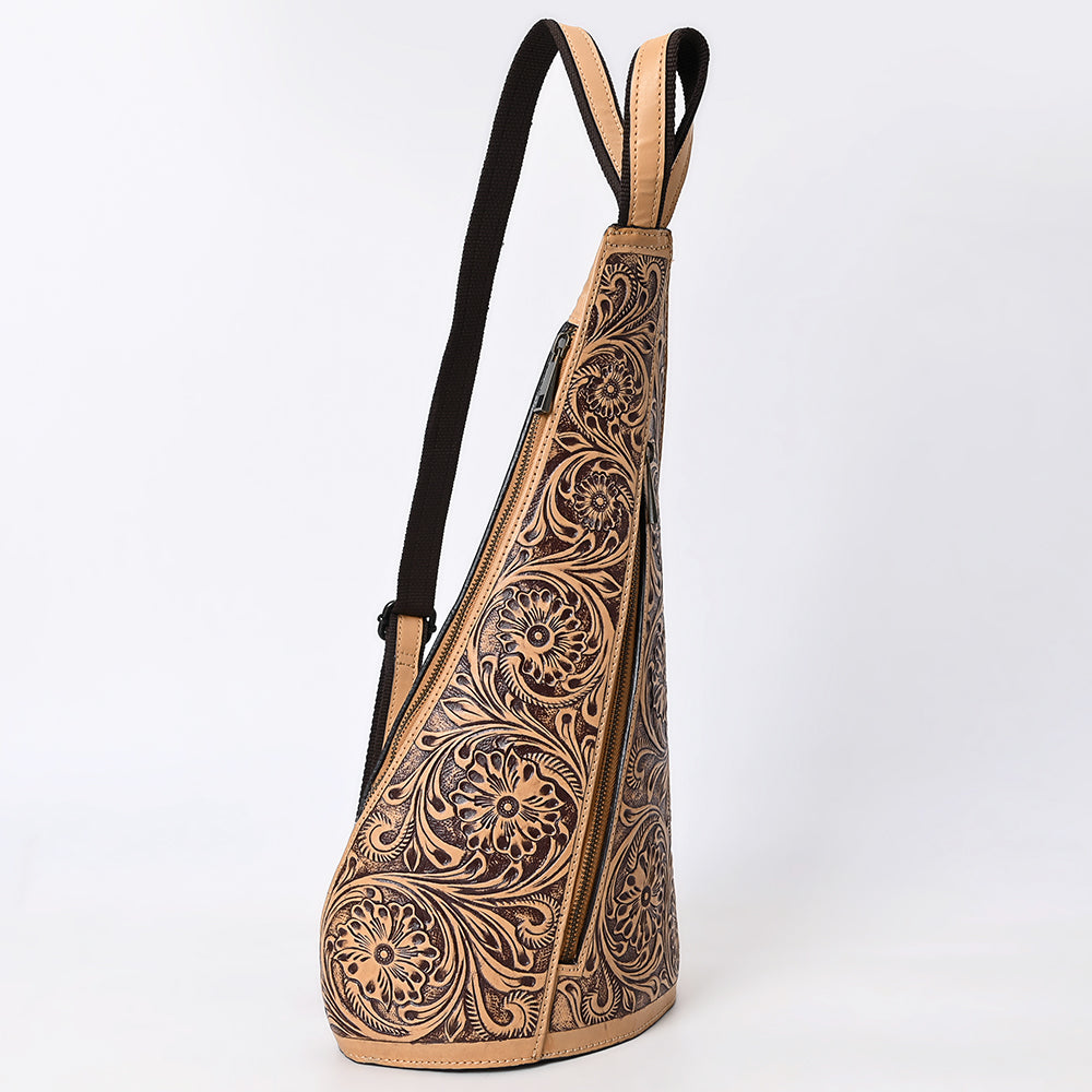 ADBGZ869 Tan Hand-Tooled Leather Sling Backpack Western Crossbody Daypack | American Darling
