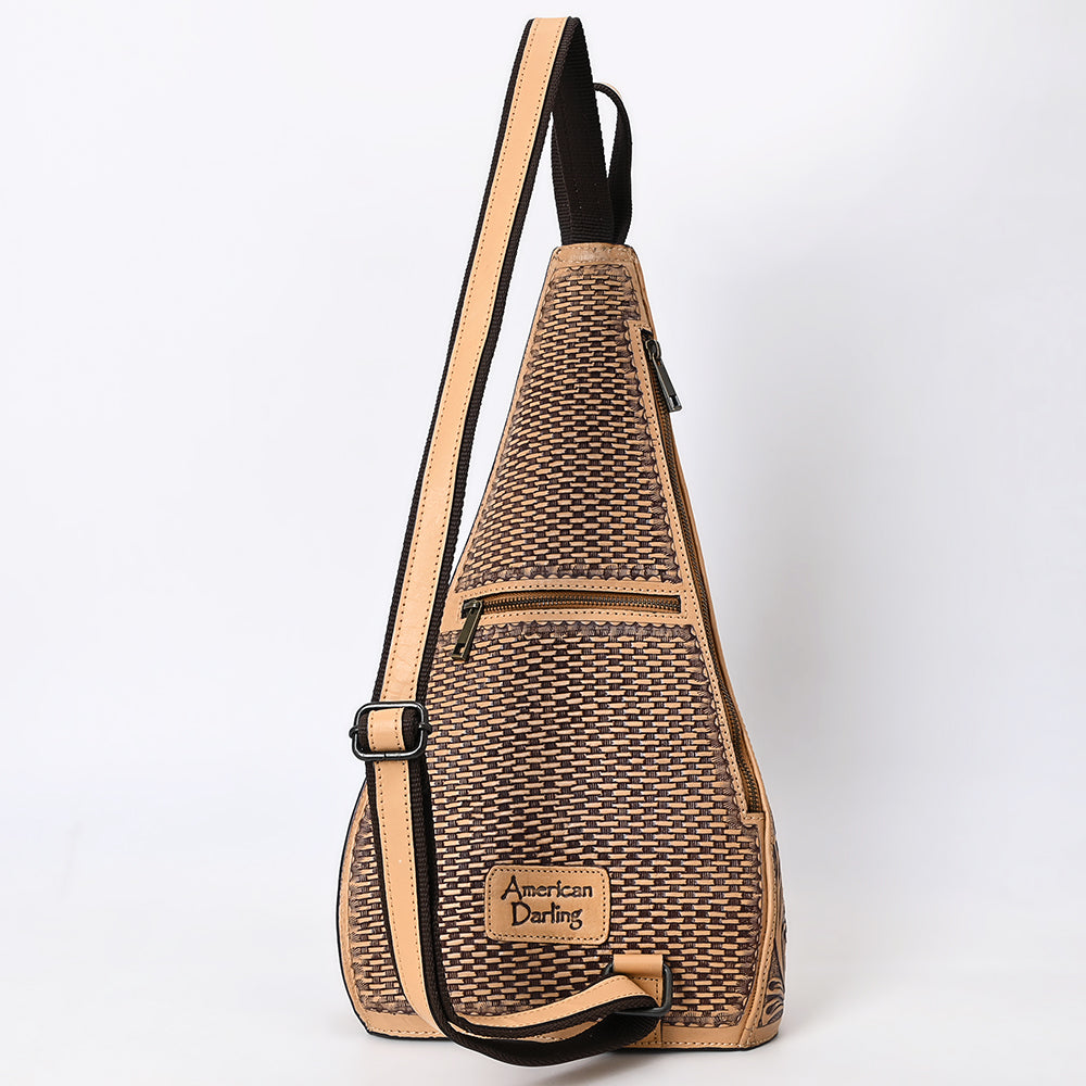 ADBGZ869 Tan Hand-Tooled Leather Sling Backpack Western Crossbody Daypack | American Darling