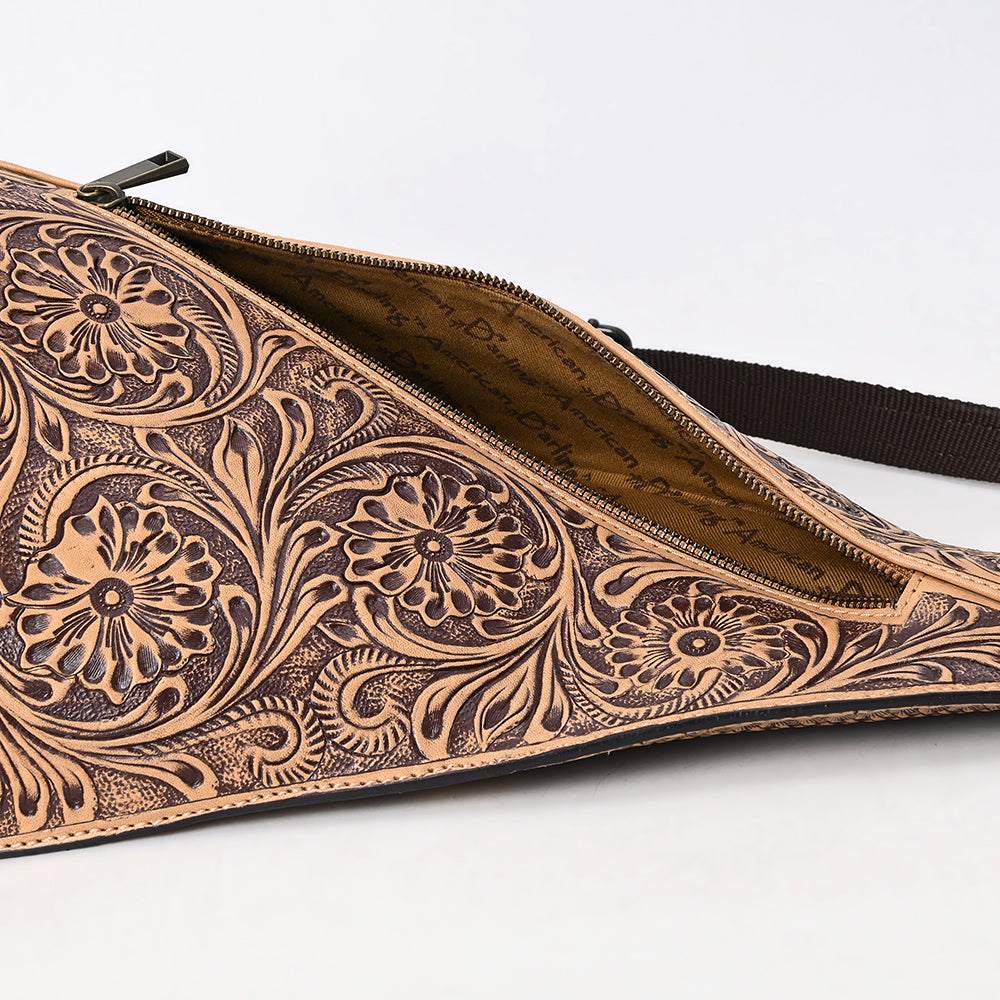 ADBGZ869 Tan Hand-Tooled Leather Sling Backpack Western Crossbody Daypack | American Darling