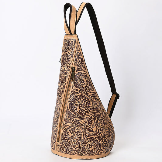 ADBGZ869 Tan Hand-Tooled Leather Sling Backpack Western Crossbody Daypack | American Darling