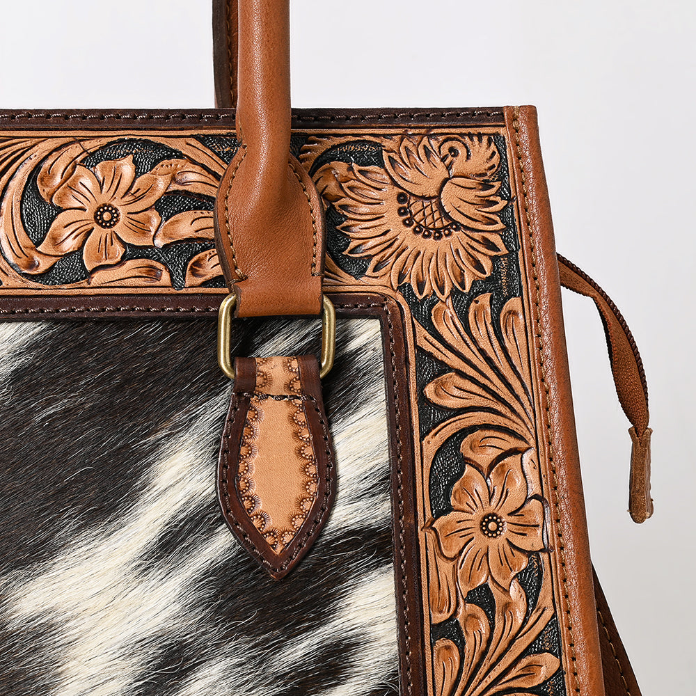 ADBGA584 Hand-Tooled Genuine Leather & Cowhide Western Tote Bag-Floral Buckle Accent Purse