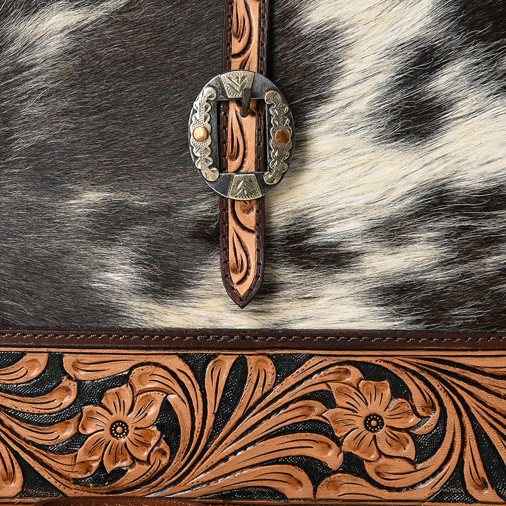 ADBGA584 Hand-Tooled Genuine Leather & Cowhide Western Tote Bag-Floral Buckle Accent Purse