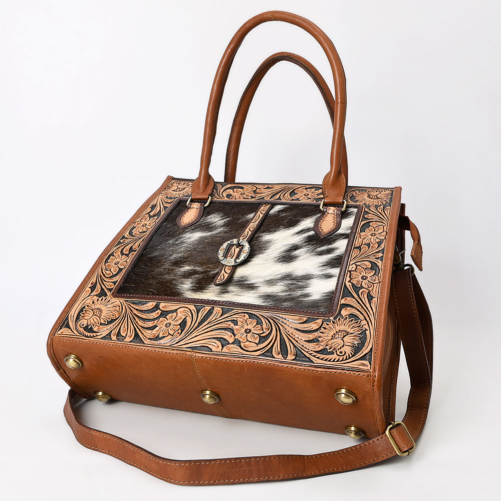 ADBGA584 Hand-Tooled Genuine Leather & Cowhide Western Tote Bag-Floral Buckle Accent Purse