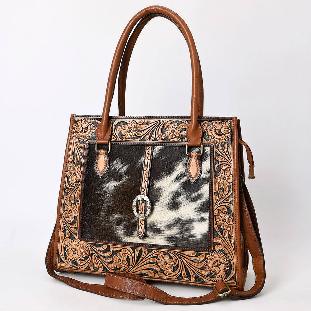 ADBGA584 Hand-Tooled Genuine Leather & Cowhide Western Tote Bag-Floral Buckle Accent Purse