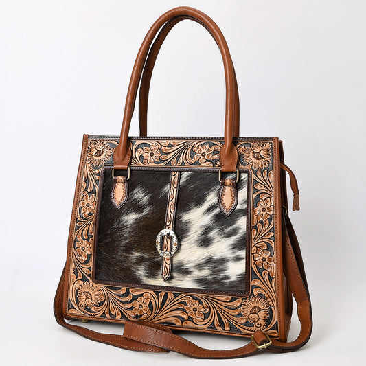 ADBGA584 Hand-Tooled Genuine Leather & Cowhide Western Tote Bag-Floral Buckle Accent Purse