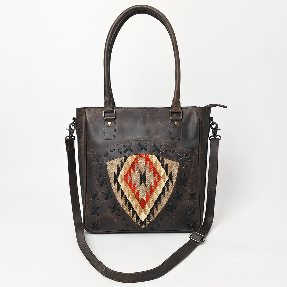 ADBG1523 American Darling Western Leather Tote Bag with Hand Woven Saddle Blanket Detail