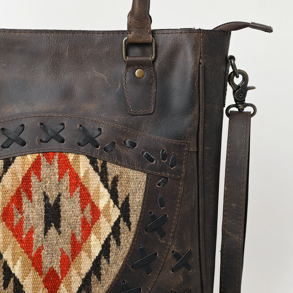ADBG1523 American Darling Western Leather Tote Bag with Hand Woven Saddle Blanket Detail