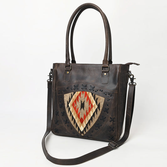ADBG1523 American Darling Western Leather Tote Bag with Hand Woven Saddle Blanket Detail