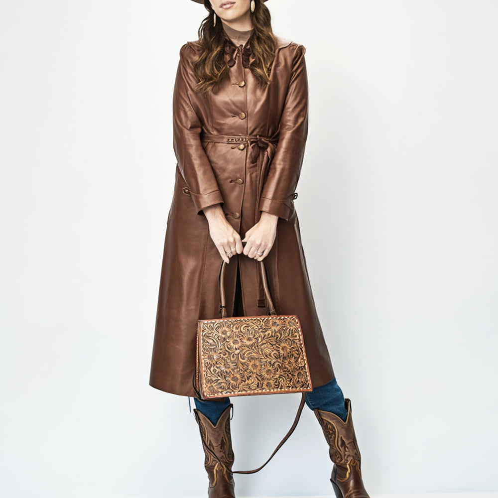 ADBG1525 American Darling Hand Tooled Western Leather Tote Bag with Floral Carving and Buck Stitching