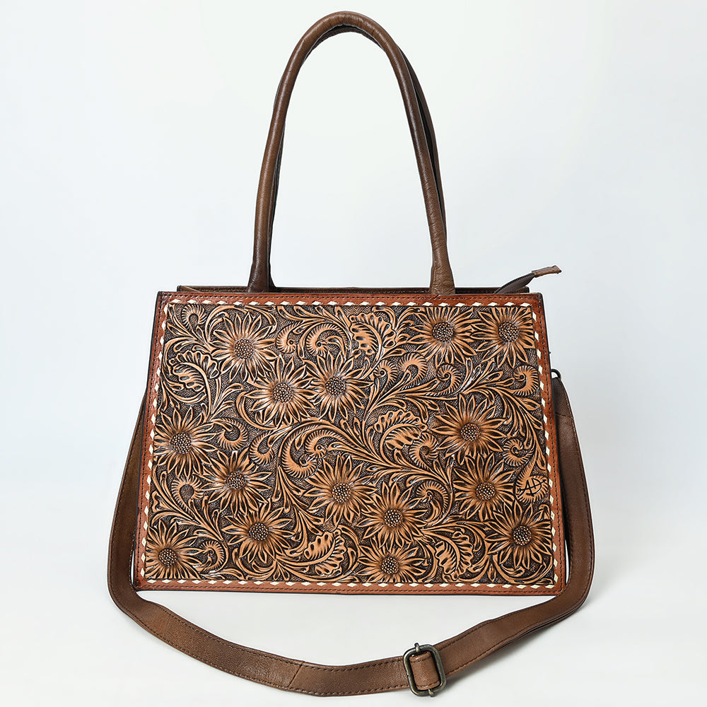ADBG1525 American Darling Hand Tooled Western Leather Tote Bag with Floral Carving and Buck Stitching