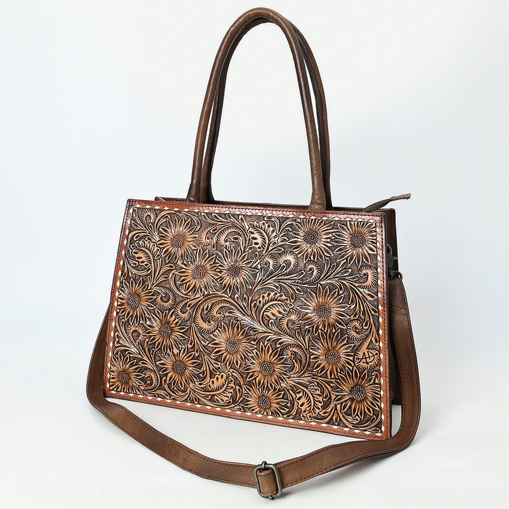 ADBG1525 American Darling Hand Tooled Western Leather Tote Bag with Floral Carving and Buck Stitching