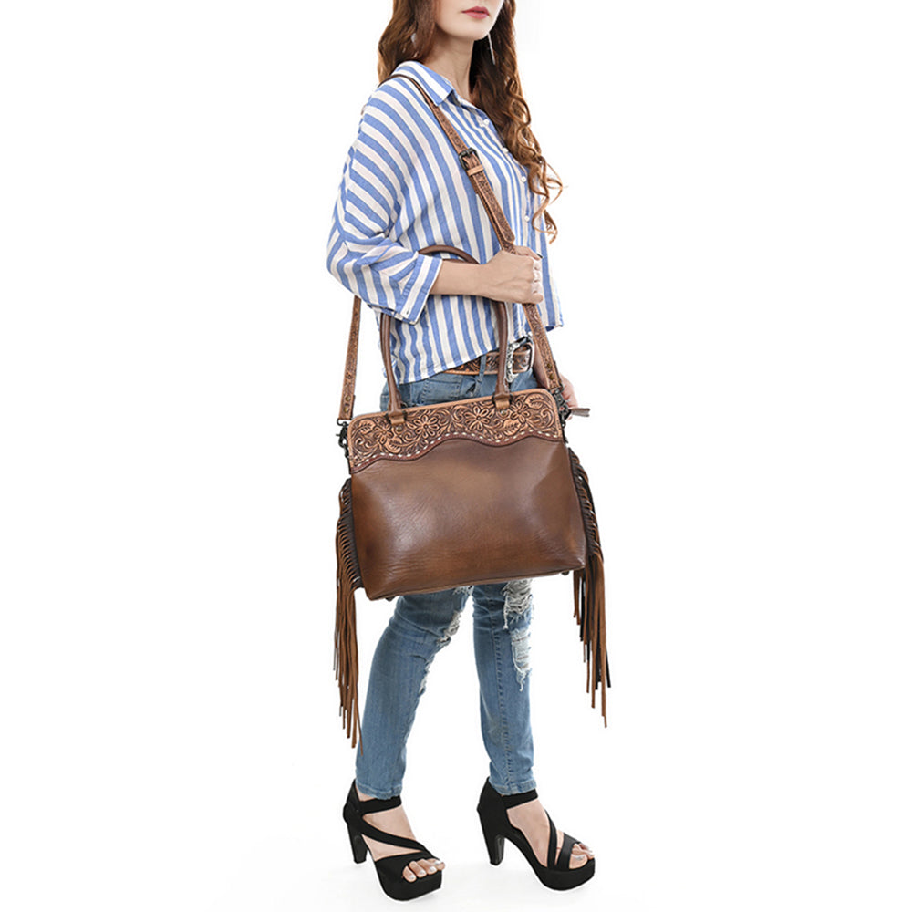 ADBG1527 American Darling Western Hand-Tooled Leather Tote Bag with Floral Carving and Dramatic Fringes
