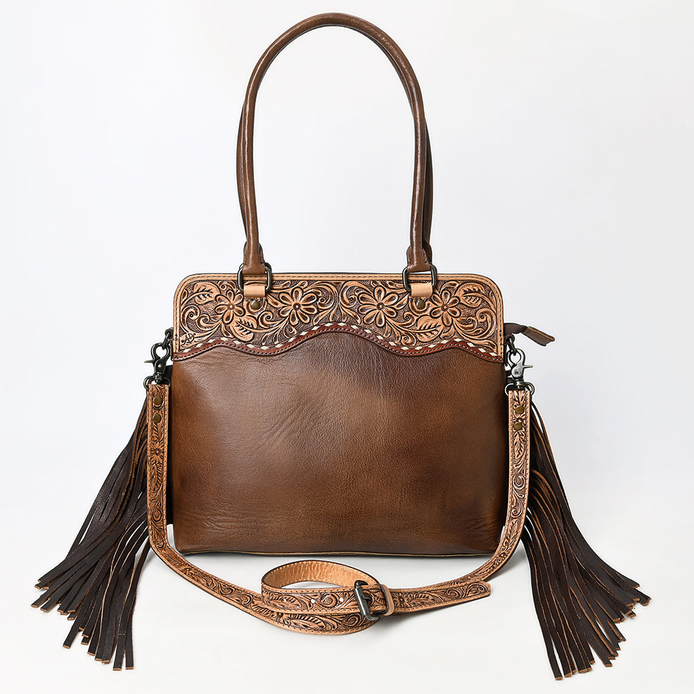 ADBG1527 American Darling Western Hand-Tooled Leather Tote Bag with Floral Carving and Dramatic Fringes
