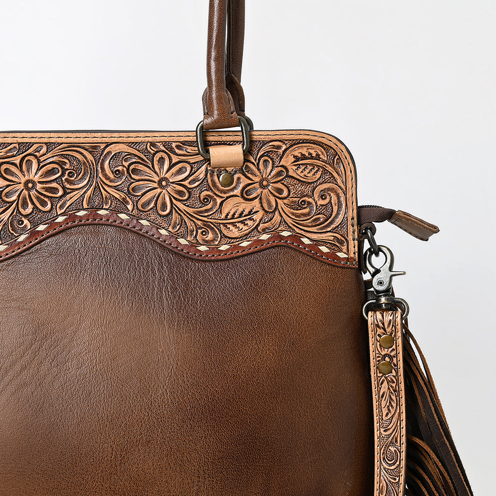 ADBG1527 American Darling Western Hand-Tooled Leather Tote Bag with Floral Carving and Dramatic Fringes