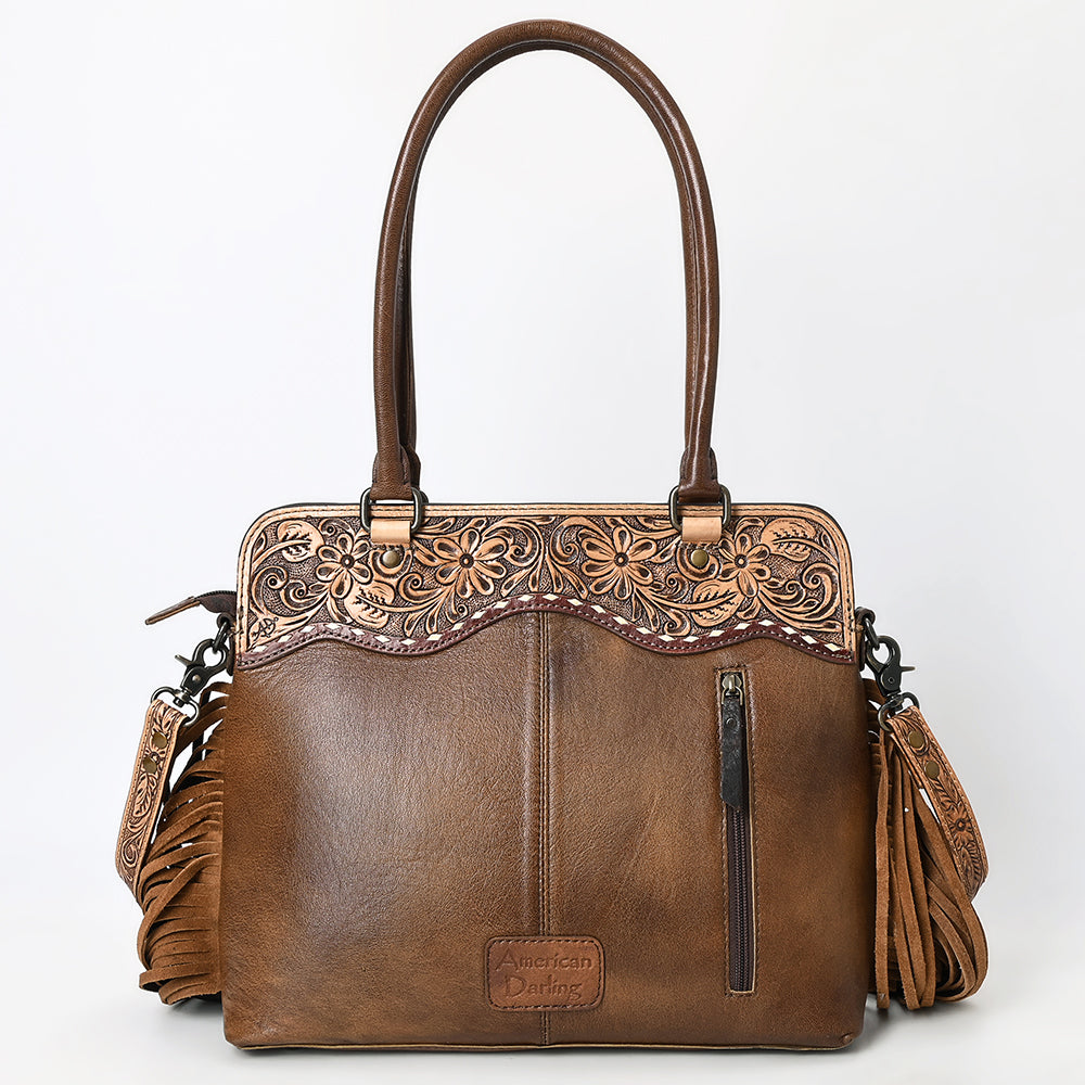 ADBG1527 American Darling Western Hand-Tooled Leather Tote Bag with Floral Carving and Dramatic Fringes