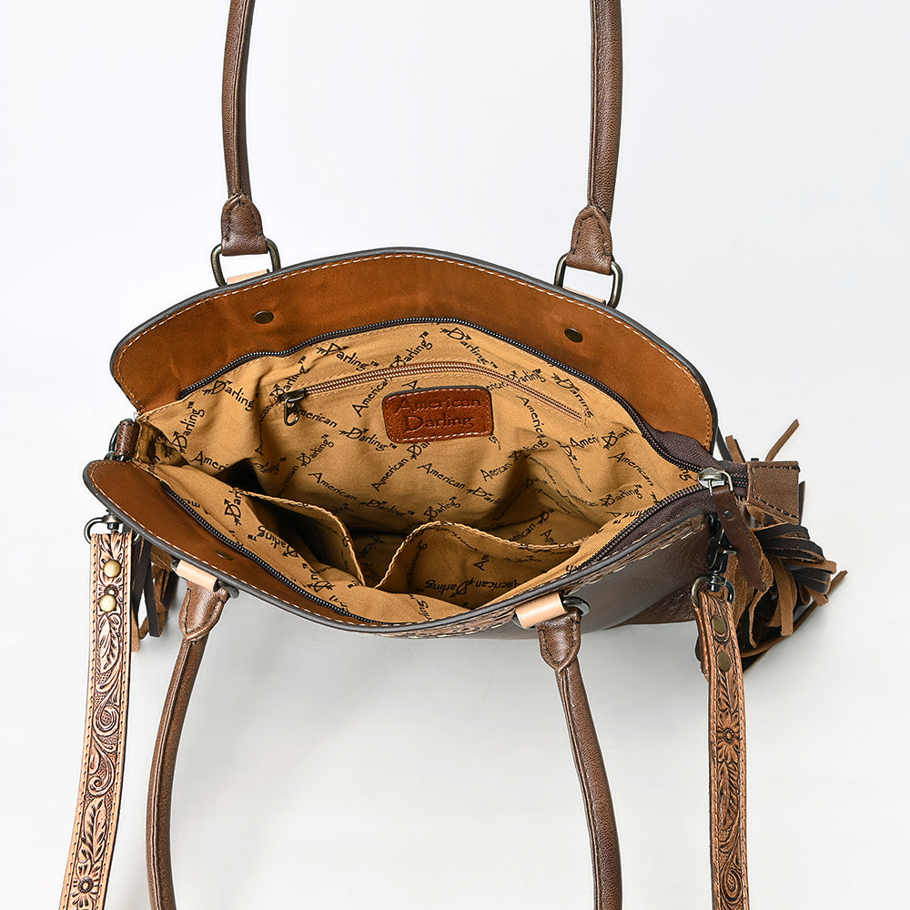 ADBG1527 American Darling Western Hand-Tooled Leather Tote Bag with Floral Carving and Dramatic Fringes